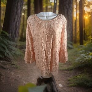 Roz & Ali Blouse Womens XL Peach/Pink Lace Overlay Bell Sleeve